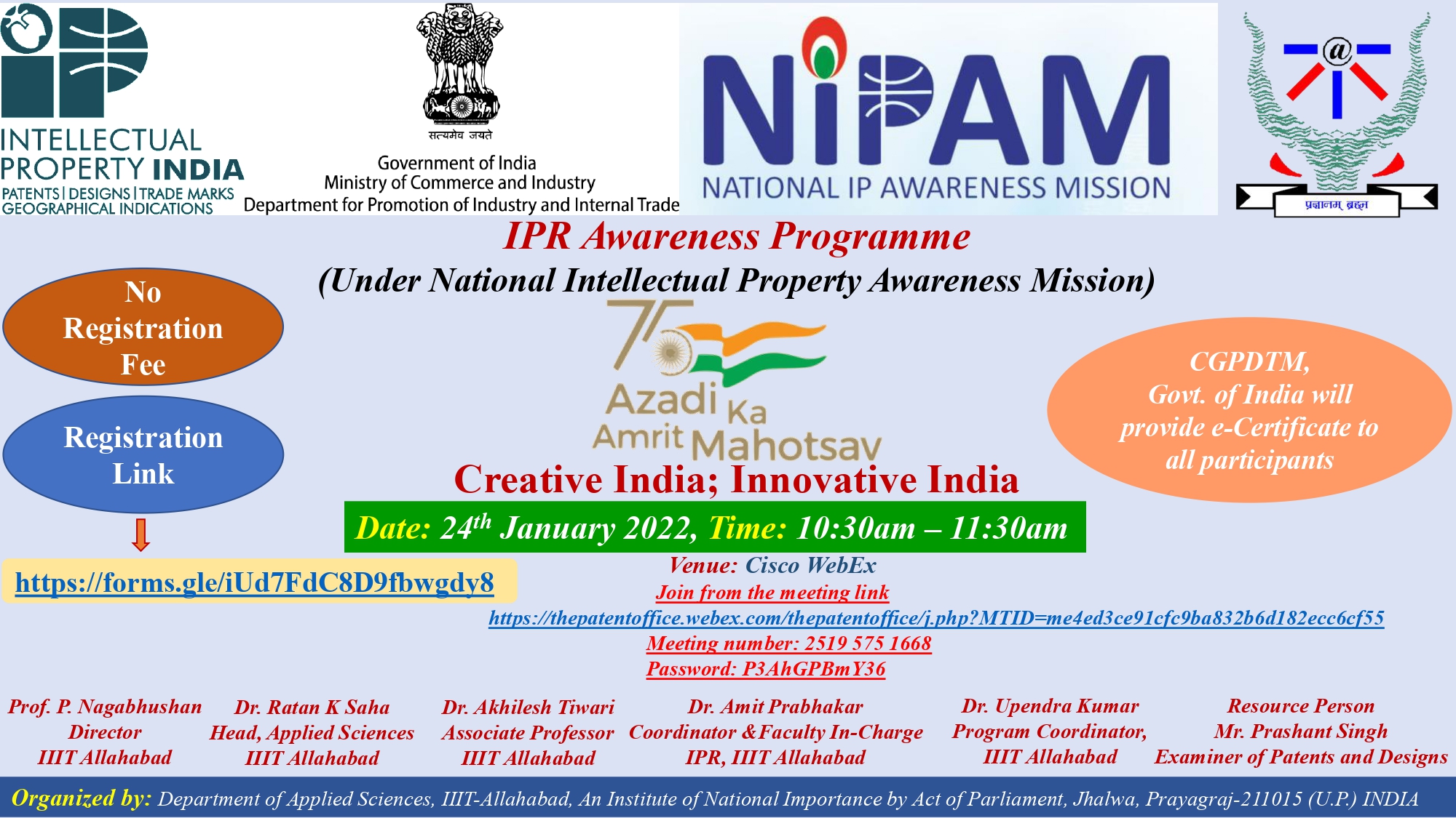 Intellectual Property Rights Awareness Programme (NIPAM) @ IIIT-Allahabad under the initiative "Azadi Ka Amrit Mahotsav" by Govt. of India