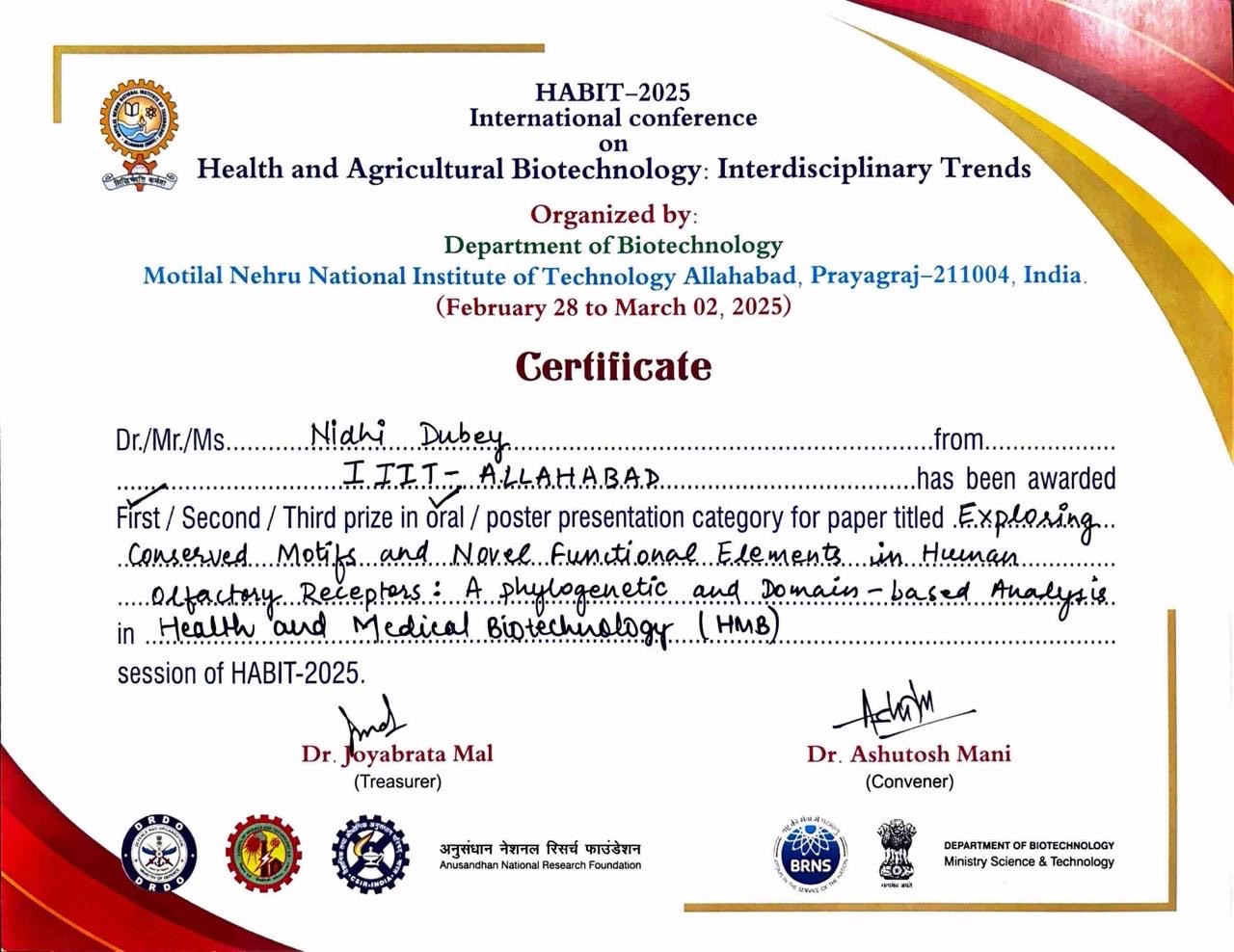 Congratulations Ms. Nidhi Dubey