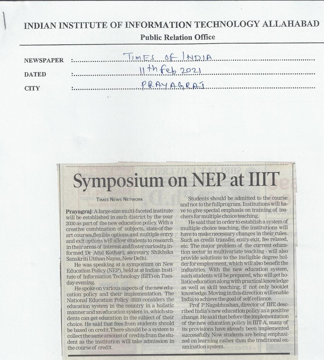 Symposium on NEP at IIIT