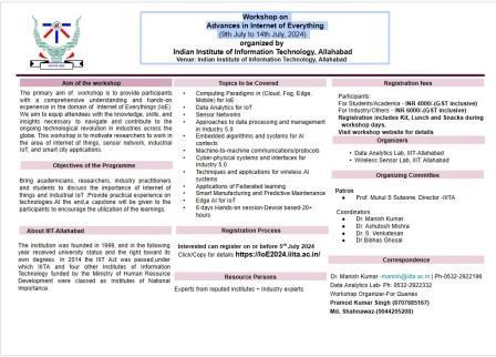 Workshop on Advances in Internet of Everything (9th July to 14th July, 2024)