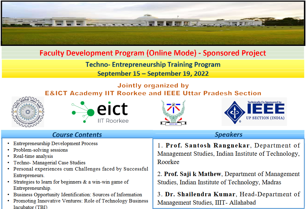 E&ict Iit Roorkee & Ieee Uttar Pradesh Section Sponsored Project (Fdp) On Techno - Entrepreneurship Training Program (Online Mode)