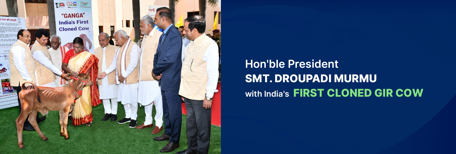 President Droupadi Murmu with India's first cloned Gir Cow
